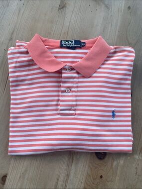 Polo by Ralph Lauren Coral and White Striped Polo Classic Preppy Golf